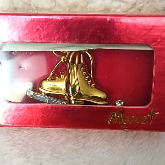 Monet Jewelry - RARE MONET with Swarovski Crystals Signed Gold Ice Skates Pin Xmas Vintage